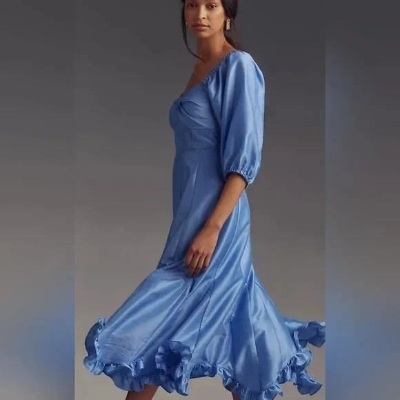 Anthropologie Hutch Twist-Front Puff-Sleeve Ruffle-Hem Midi Dress Sky Blue XS - Picture 4 of 13